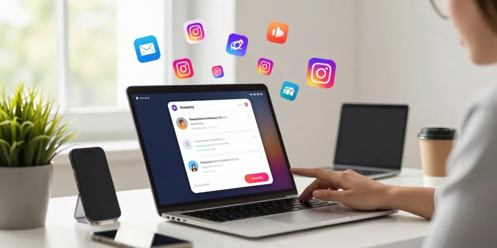 User engaging with Insanony app for anonymous Instagram story viewing in a cozy workspace.