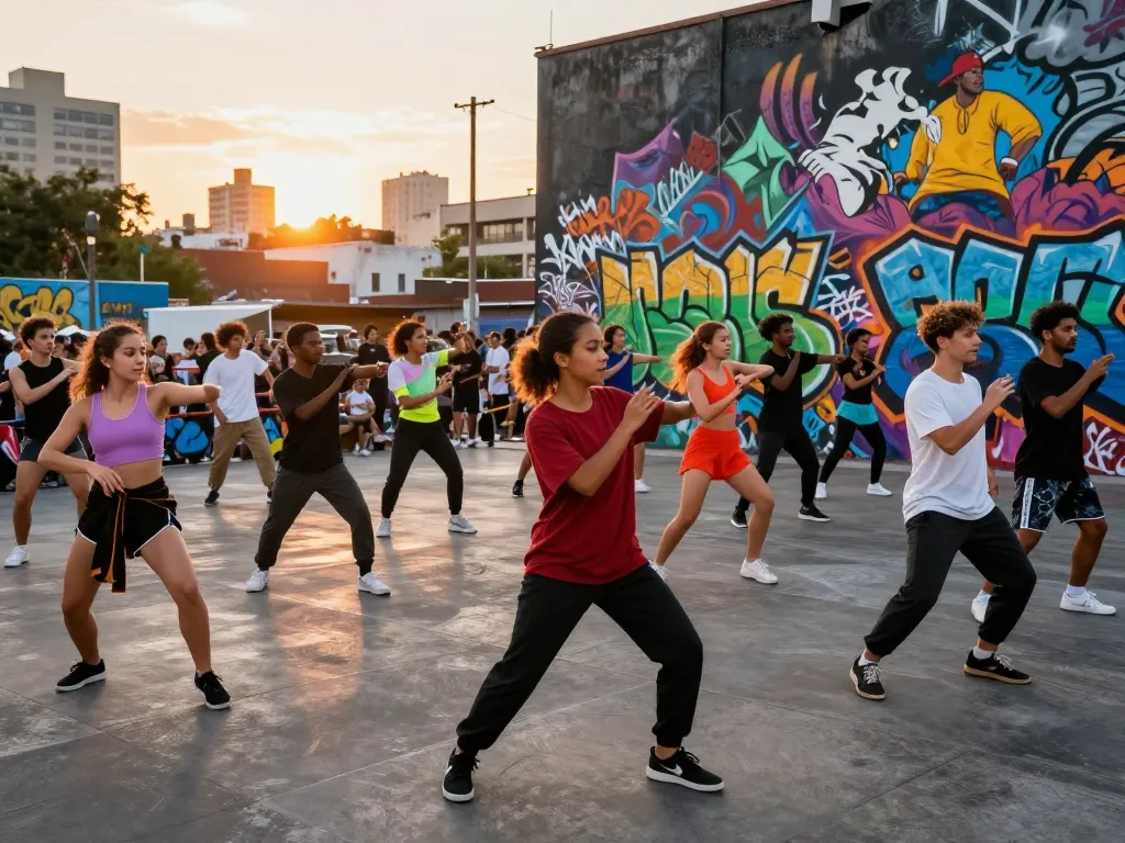 Dynamic urban dancers showcasing dance AI creativity in vibrant outdoor setting.