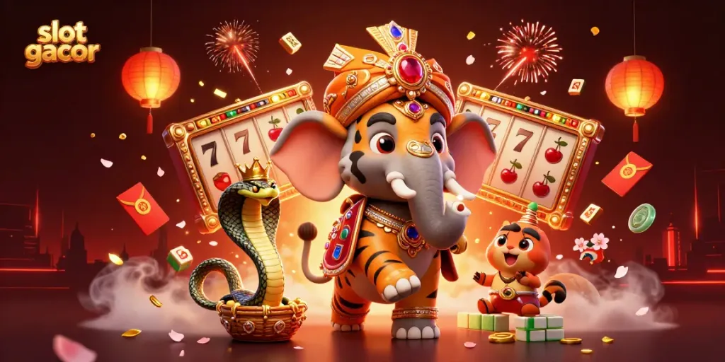Experience the vibrant action of slot gacor in this dynamic 3D casino illustration featuring a maharaja and stunning game elements.