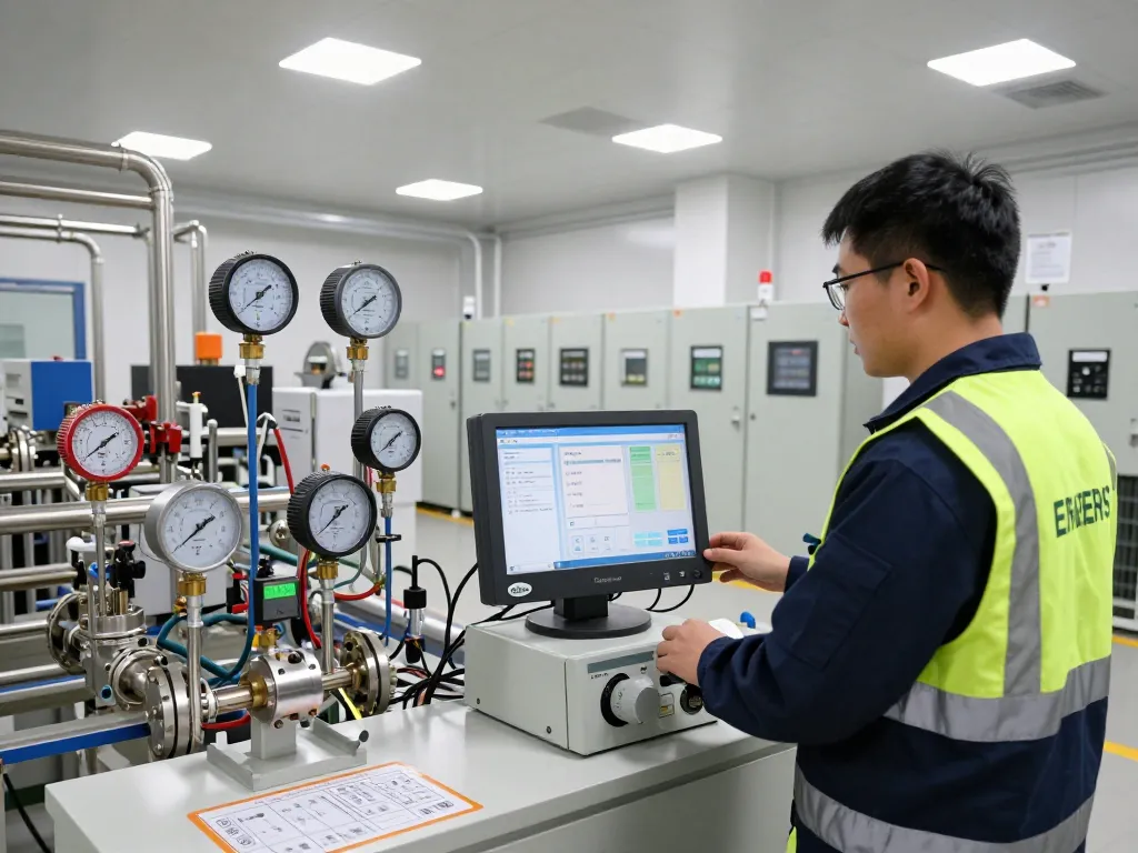 Technician using Endress Hauser measurement instruments in a modern industrial facility.