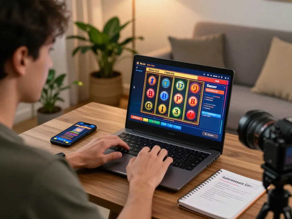 Engaged player participating in slot gacor gaming on a laptop at home, showcasing a responsible gambling environment