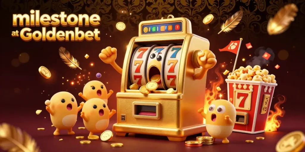 Experience the milestone at Goldenbet with a golden slot machine celebrating its jackpot amidst cheering baby slots.