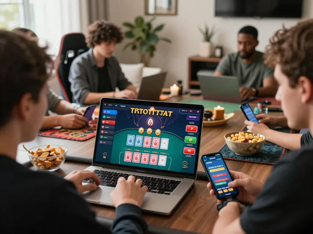 Engaged players at an online baccarat site, showcasing a live dealer game on multiple devices, creating a vibrant gaming atmosphere.