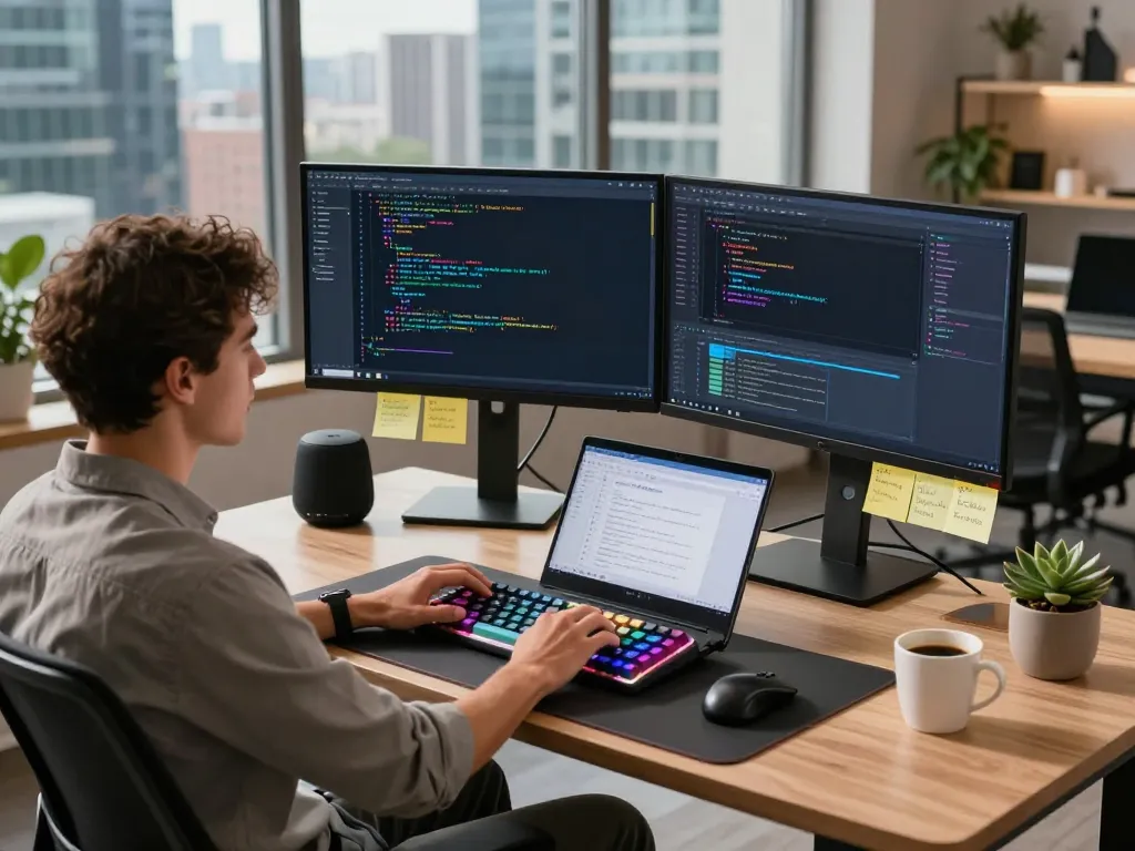 Moltbot AI developer workspace showcasing coding on dual monitors and a tech-savvy atmosphere.