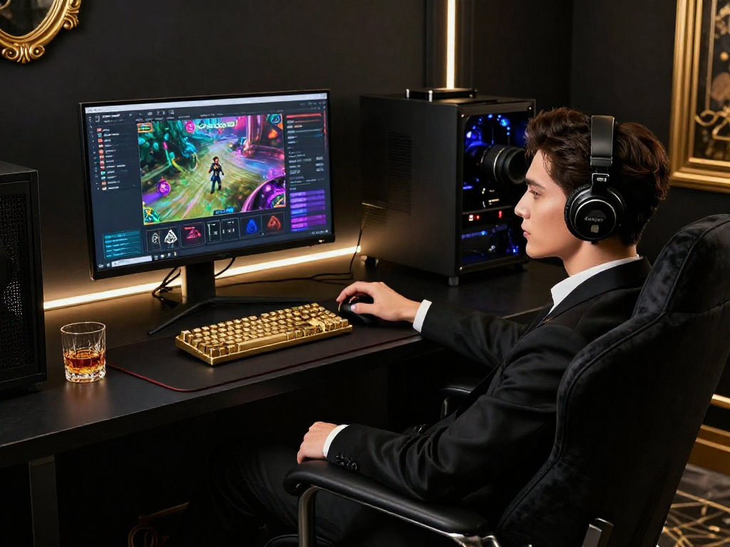 Engaging ROKOK88 gaming moment highlighting luxury with high-end setup and elegant accessories.
