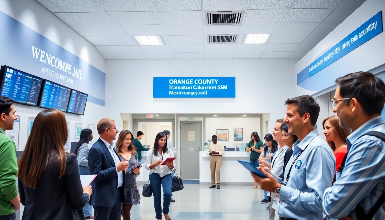 Engaged individuals conducting an Orange County Inmate search within a modern jail facility.