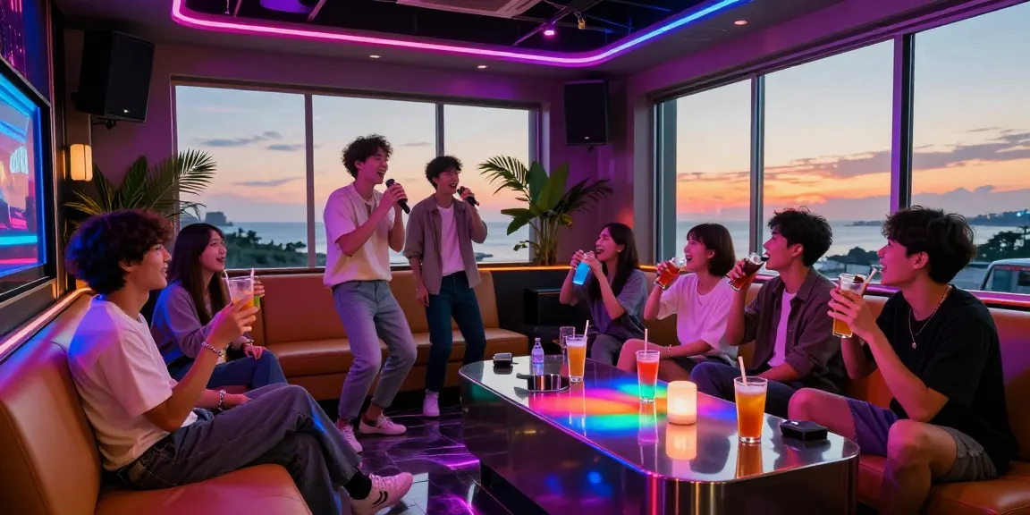 Experience the vibrant 제주유흥 nightlife at a stylish karaoke room, filled with friends, laughter, and tropical decor.