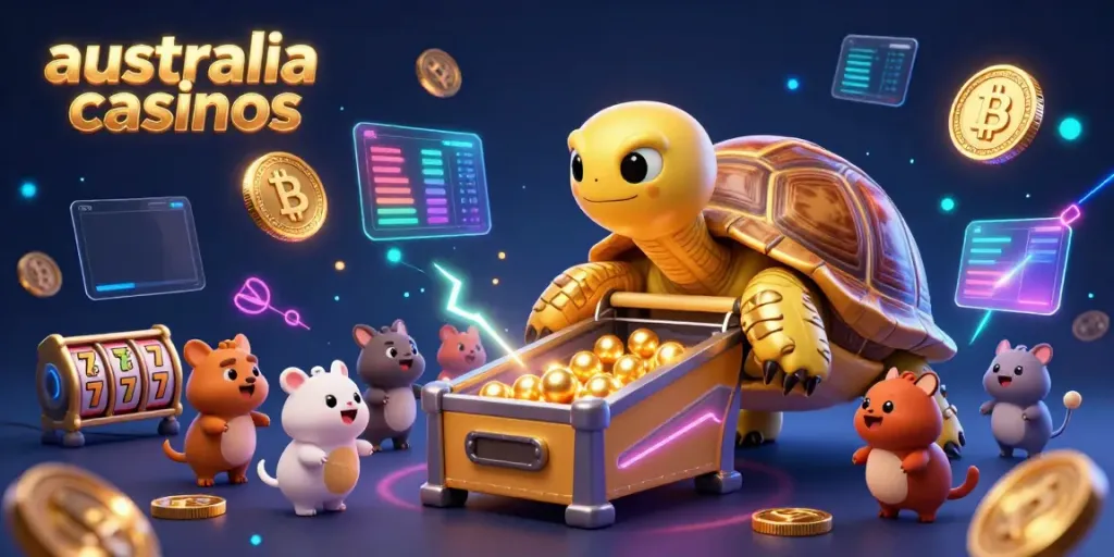 Play exciting games at australia casinos with animated golden tortoise, crypto elements, and vibrant game symbols.