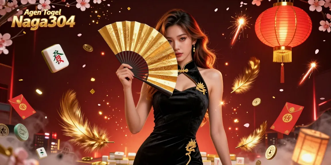 Agen Togel Naga304 showcases a stunning 3D illustration of an elegant Asian woman in a black dress, surrounded by dynamic gambling elements.