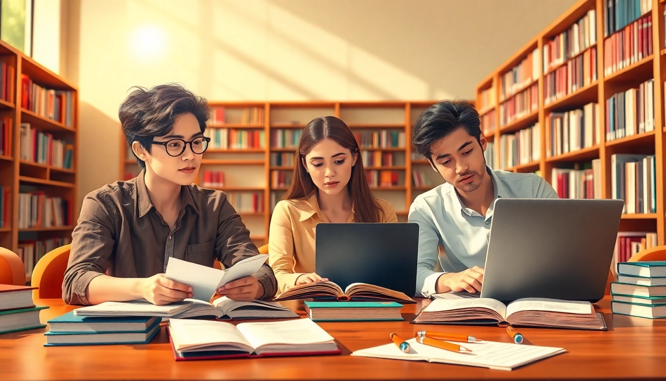 Focused TOEFL test takers for hire studying in a tranquil library atmosphere.