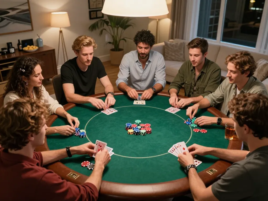Friends playing a lively poker game at home, showcasing chips and cards while engaging strategy with 88clbgo.
