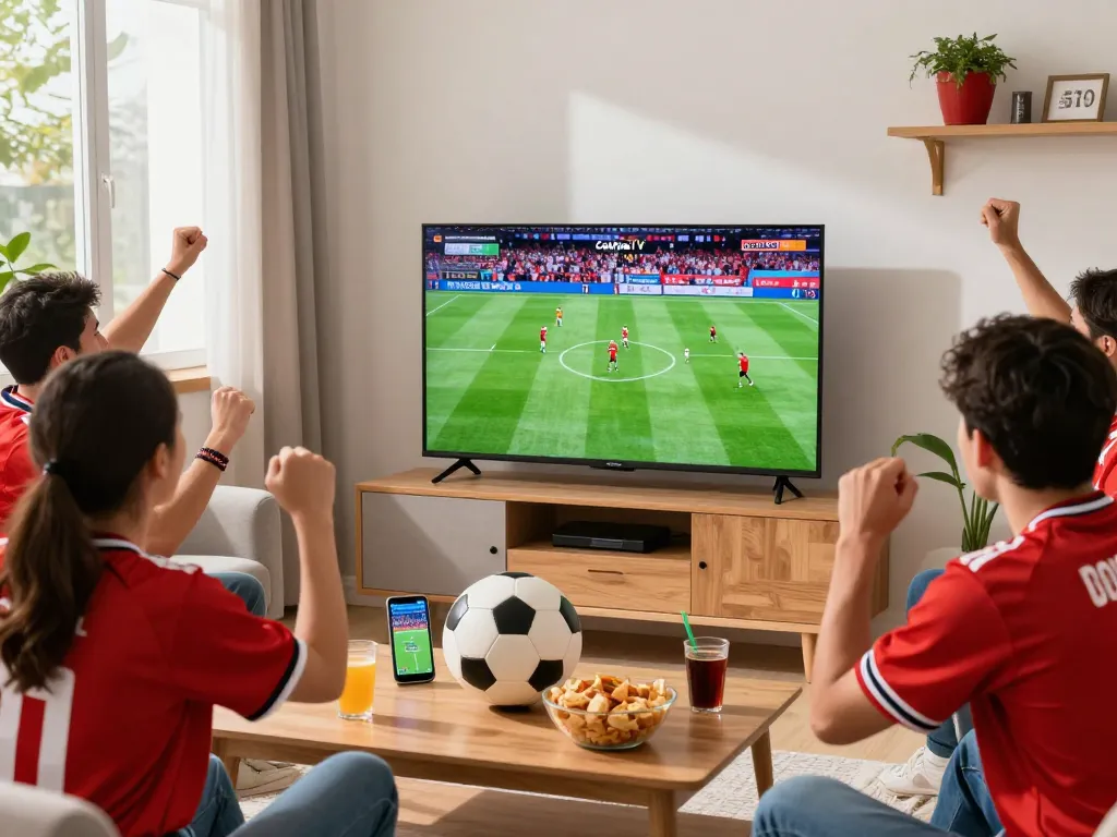 Football fans enjoying a live match on Cakhiatv in a cozy living room filled with excitement.