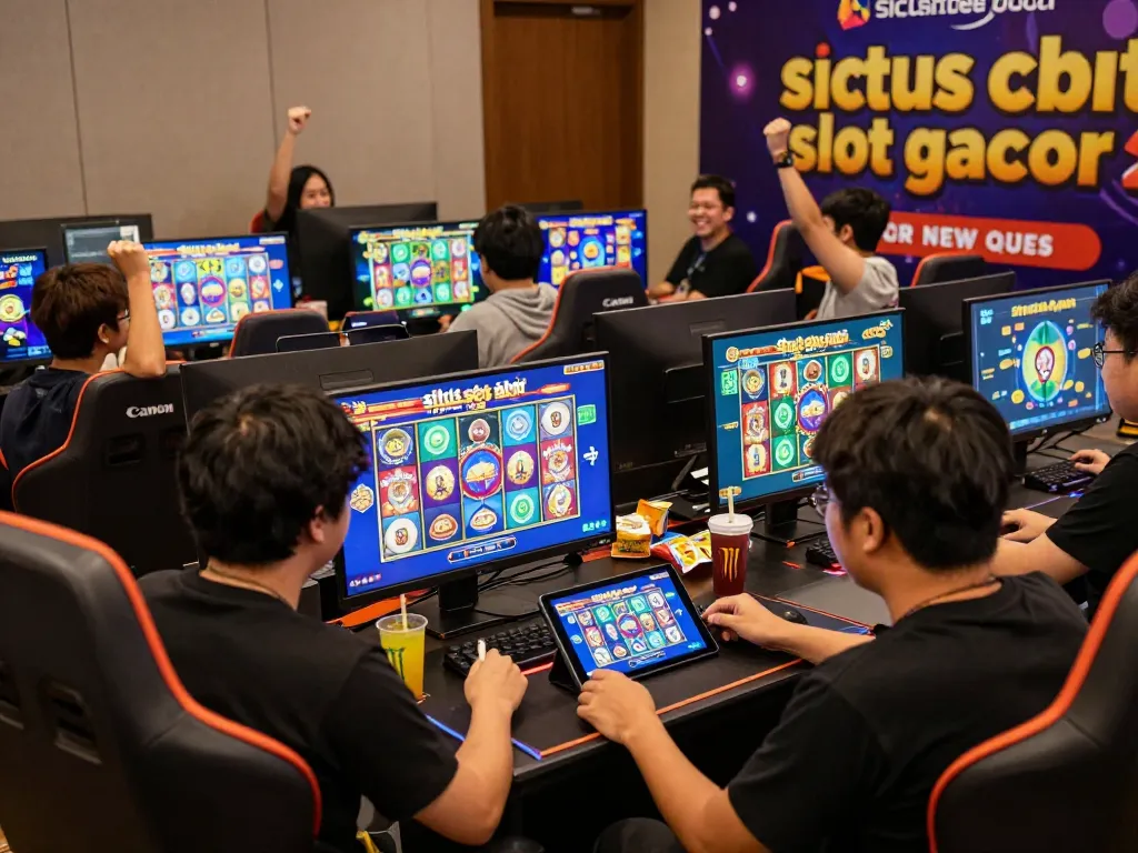 Players enjoying situs slot gacor games on colorful screens while surrounded by an energetic gaming environment