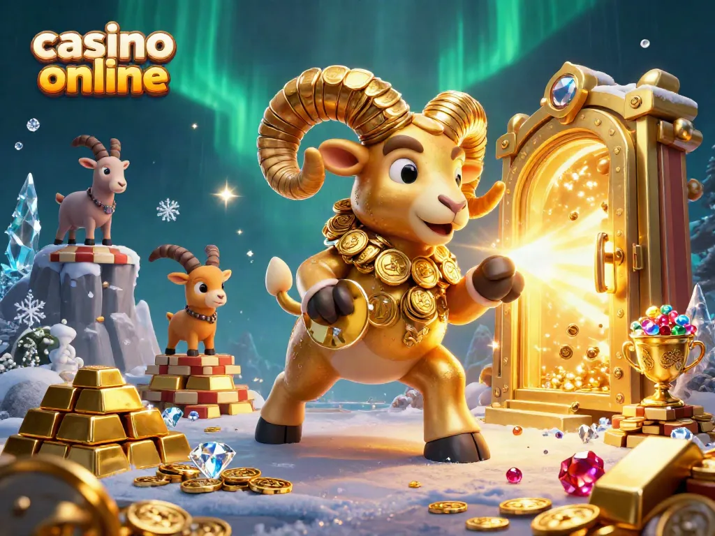 Gana en casino online con una ilustración 3D rica en detalles mostrando tesoros y un carnero dorado.