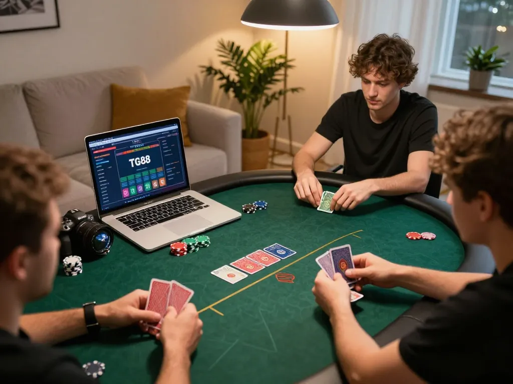 Engaged players participating in a TG88 online poker game, showcasing intense gameplay and a stylish home atmosphere.