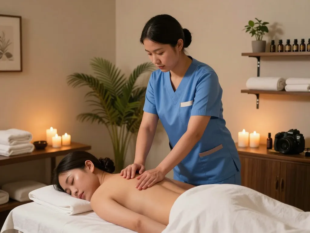 Relaxation scene showcasing a professional massage at https://www.makangs.com/, with soft lighting, soothing oils, and calming ambiance.