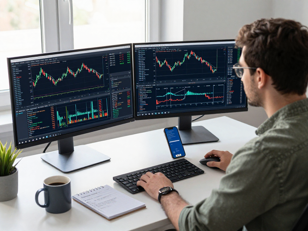 在TradingView官网，一个交易者专注于分析图表，展示专业的金融交易环境。