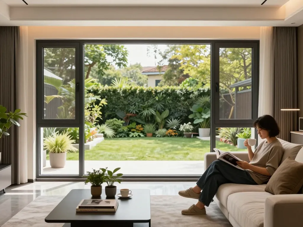 Heller Wohnraum mit fenster schüco Fenstern, die Ausblicke auf den Garten bieten, einladende Atmosphäre.