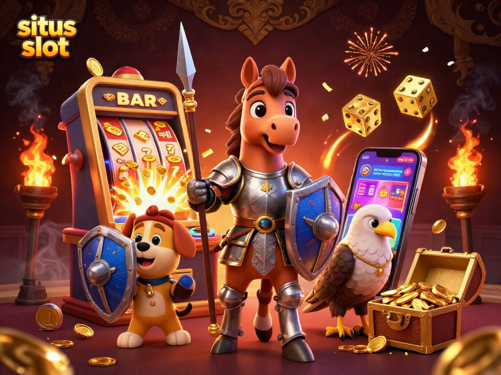 Situs slot adventure with a knight horse, squire puppy, and falcon around a slot machine.