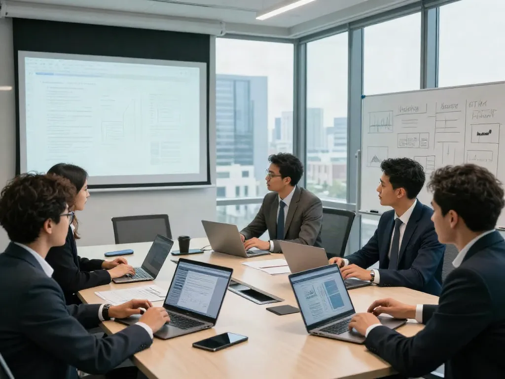 Team collaborating in a modern office environment discussing bpinetempresas strategies with professional tools.
