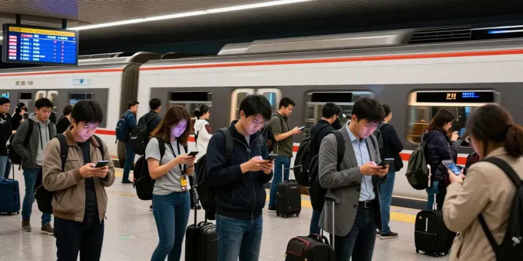 Commuters at a busy station experiencing transport delays while checking for updates on their devices.