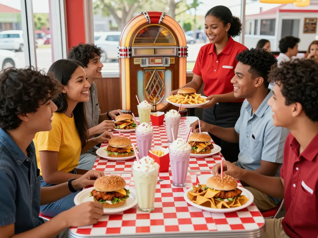 Enjoying a vibrant fast food menu with friends at a busy diner, showcasing burgers and fries.