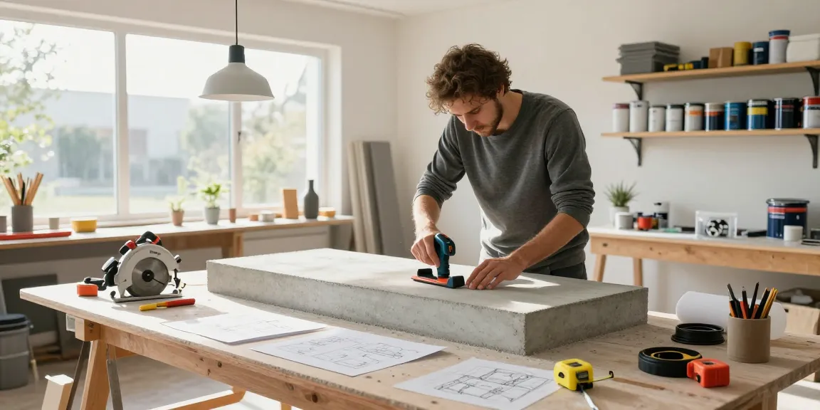 NAGA2000 used by a DIY enthusiast crafting concrete countertops in a bright workshop.