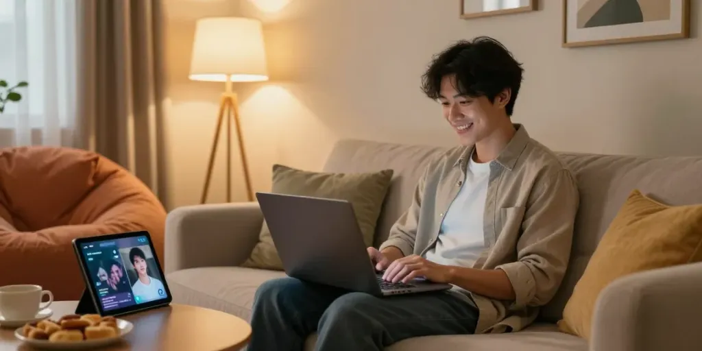 Cozy digital chat environment featuring a young adult enjoying free ai sex chat on a laptop with inviting decor.
