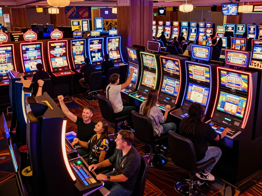 Players enjoying spin wins at slot gacor machines with colorful displays in a vibrant casino atmosphere.