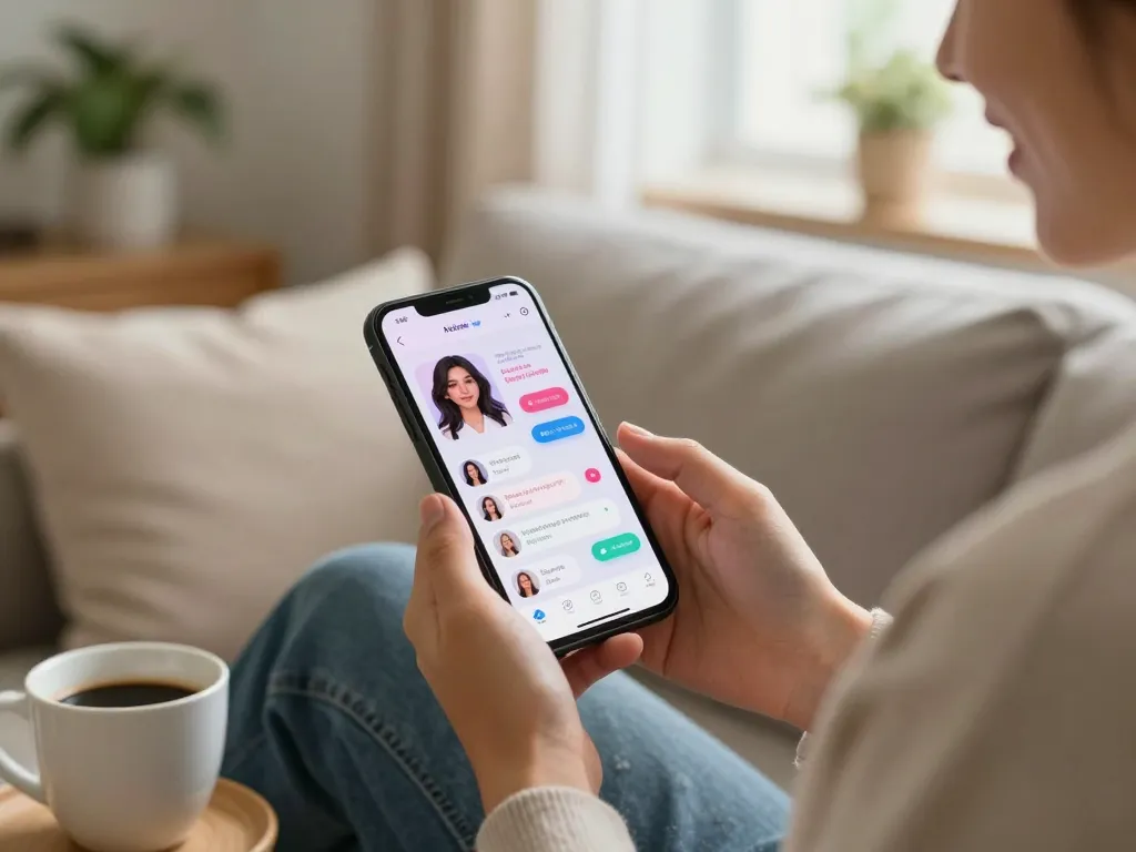 Engaging with an AI girlfriend chat app in a cozy home setting.