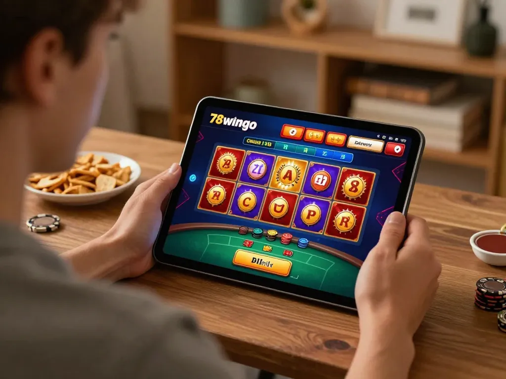 Engaged player exploring 78wingo casino games on a tablet amidst a cozy home setting.