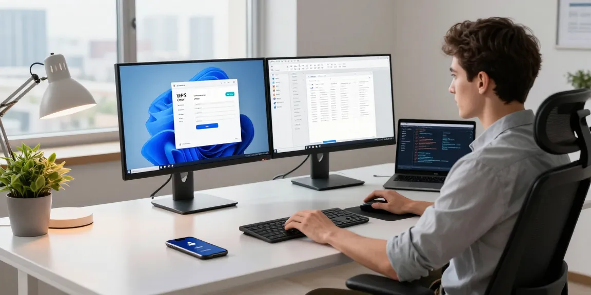 Professional workspace with WPS Download in progress on monitor, showcasing a modern office setup.