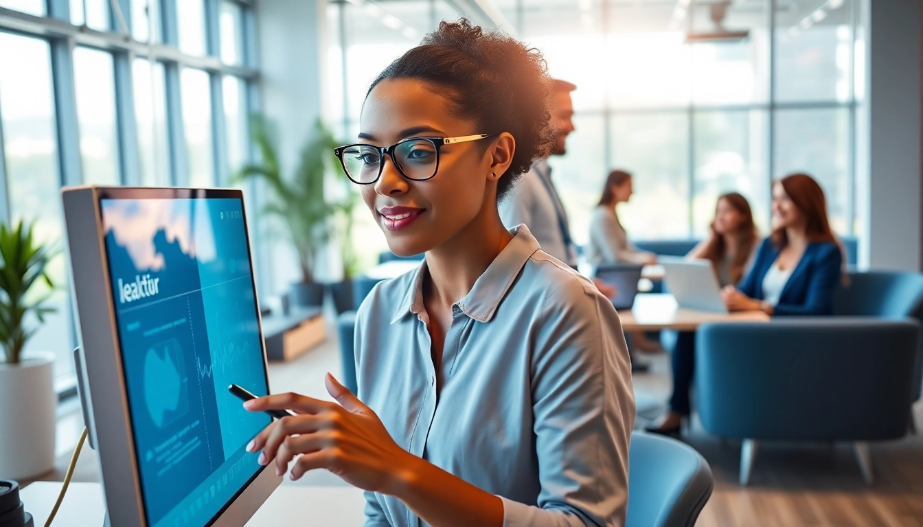 Engaged employee using an assistant for enterprise in a modern office environment.
