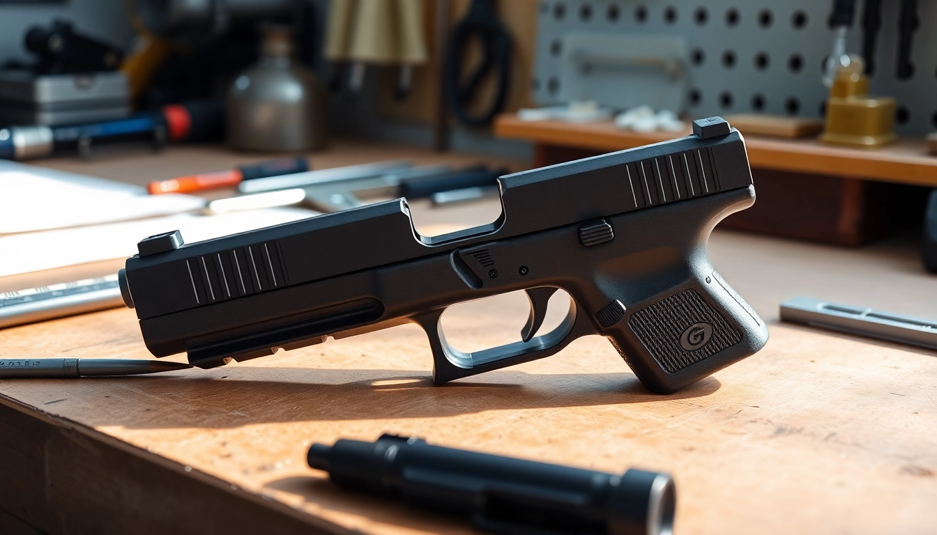 Buy Glock 17 MOS slide displayed on a workshop bench, showcasing its detailed optic-ready design.