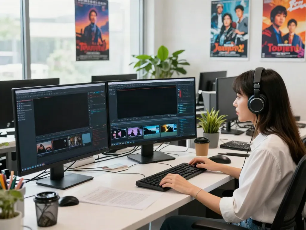 Engaging workspace for streaming JAV Subtitle Indonesia, featuring monitors and vibrant decorations.
