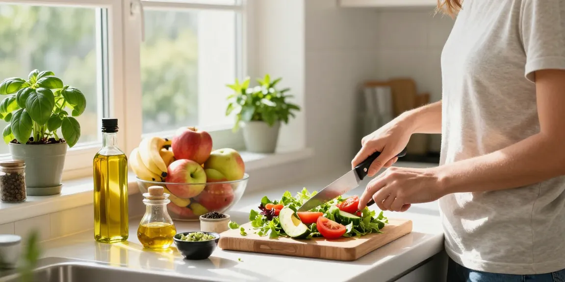 Health tips demonstrated in a bright kitchen with fresh salad preparation and vibrant ingredients.