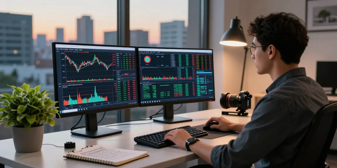 使用TradingView进行行情分析的交易员在现代工作空间专注交易，实时监控股票、外汇和加密货币数据。