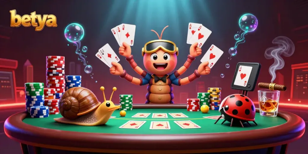 Engage in thrilling casino action at betya with a cartoon millipede dealer amidst poker excitement.