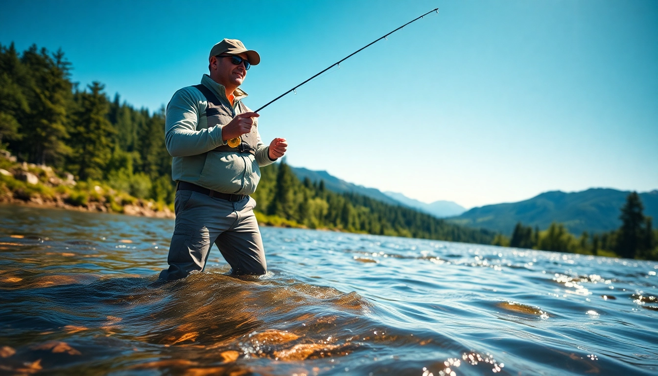 Angler showcasing fly fishing apparel while casting in a scenic river setting.