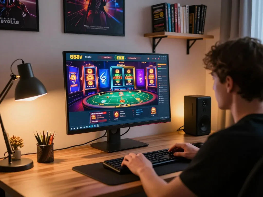 The player engages with the 688v online casino interface at a modern gaming setup with vibrant decor.