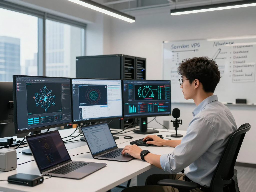 Focus on Servidores VPS Windows en México in a high-tech office with a professional configuring multiple server monitors and tech equipment.