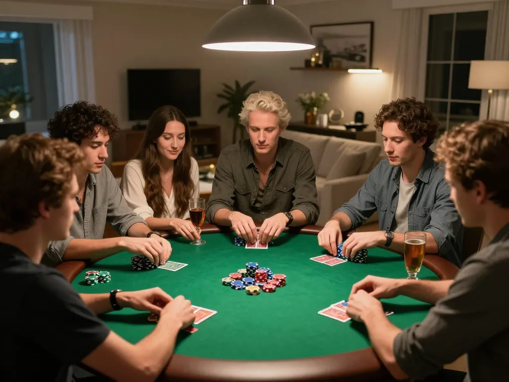 People enjoying a poker night at home playing 99win with competitive spirit and strategic gameplay.