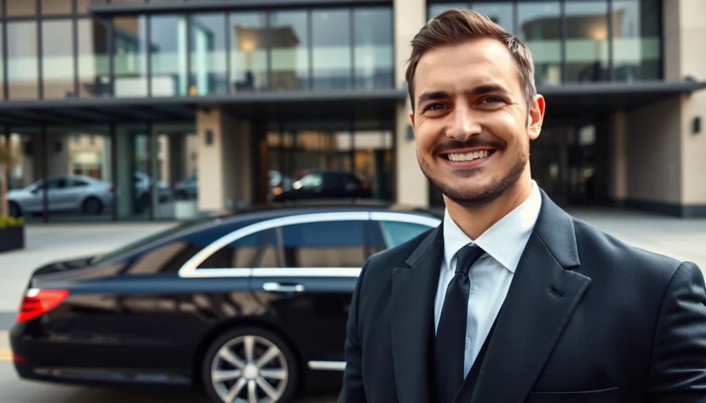 Experience Chauffeur Hire Nottingham with a professional chauffeur next to a luxury vehicle in an upscale setting.