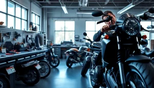 Motorrad werkstatt mit Mechaniker, der an einem Motorrad arbeitet.