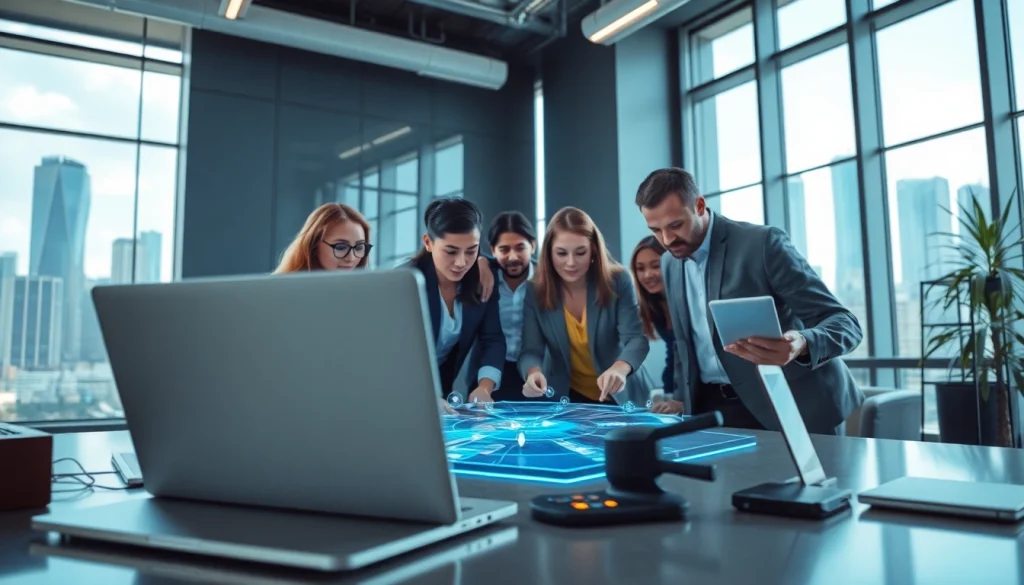 Technology collaboration among diverse professionals in a modern workspace.