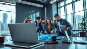 Technology collaboration among diverse professionals in a modern workspace.