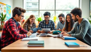 Students collaborating with educational resources, emphasizing the importance of Education in a vibrant learning environment.