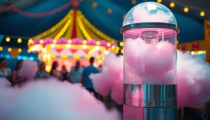 Maak wafel katoen met een kleurrijke suikerspinmachine op een levendig carnaval.
