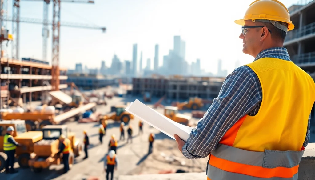 New Jersey Construction Manager guiding a construction team at a vibrant building site.