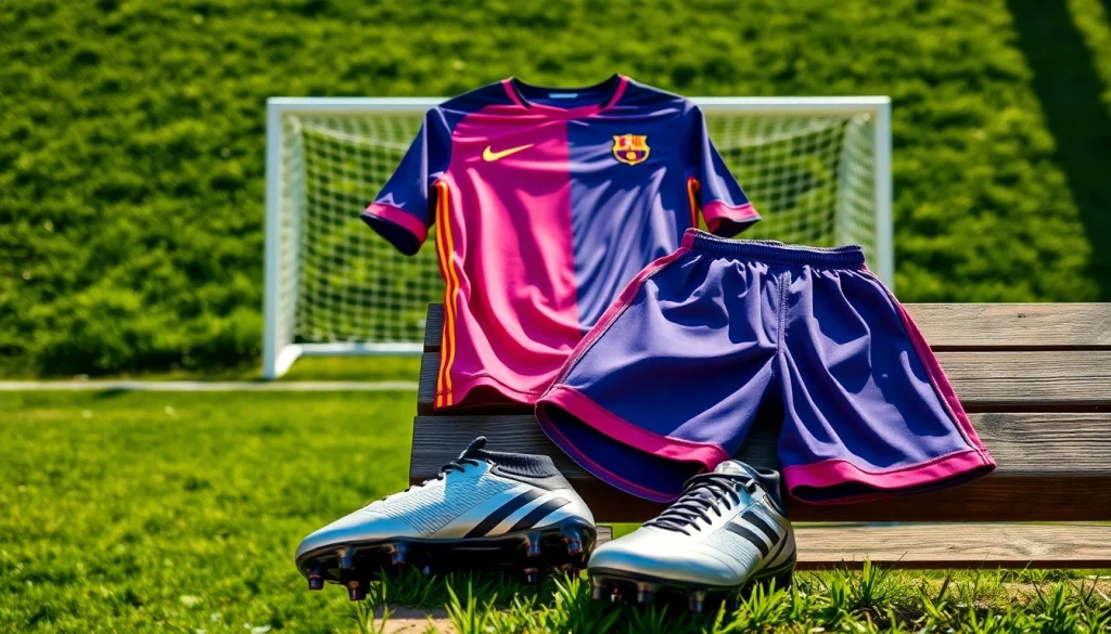 Show a colorful and vibrant Team kit on a soccer field, emphasizing style and energy.